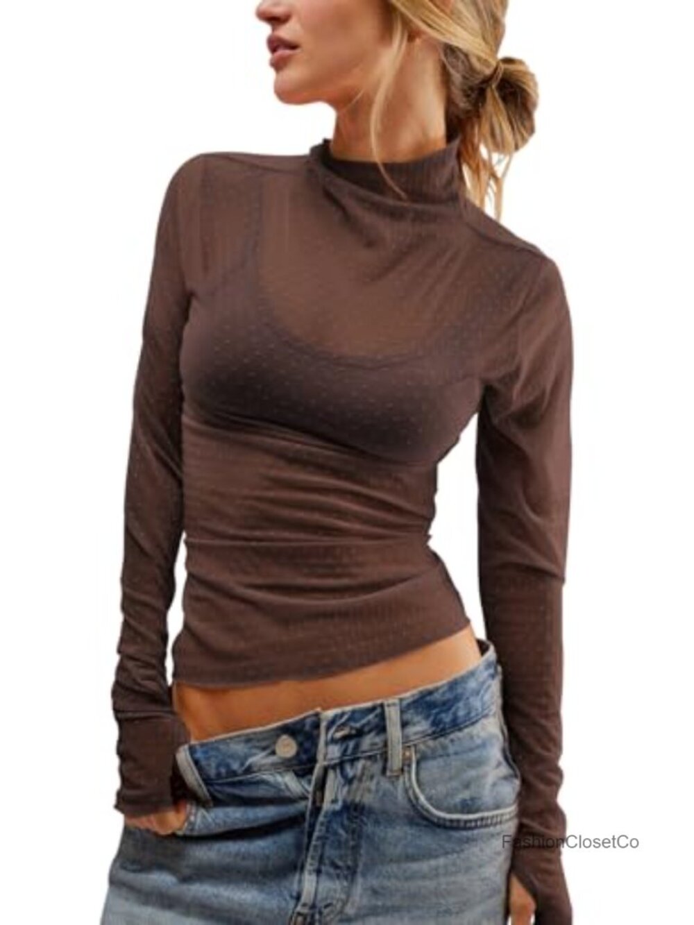 Sheer Mesh Long Sleeve Mock Neck Blouse Polka Dot See Through Top - Womens